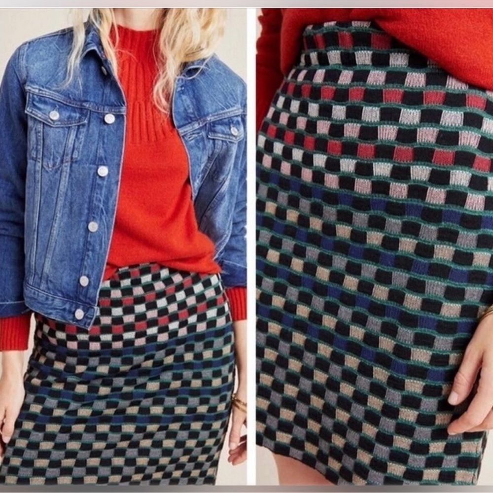 Anthropologie Aldomartins Stevani Stretchy Knit Checked Mini Pencil Skirt Xs S
